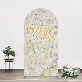 Aperturee - Aperturee White Floral Happy Birthday Sweety Arch Backdrop