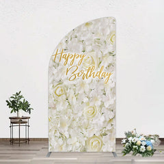 Aperturee - Aperturee White Floral Happy Birthday Sweety Half Moon Arch Backdrop