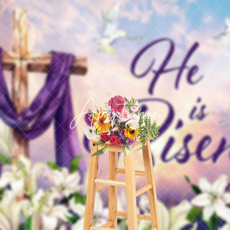 Aperturee - Aperturee White Floral He Is Risen Pigeon Cross Easter Backdrop
