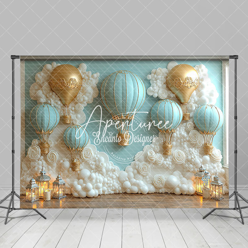 Aperturee - Aperturee White Floral Hot Air Balloon Cake Smash Backdrop