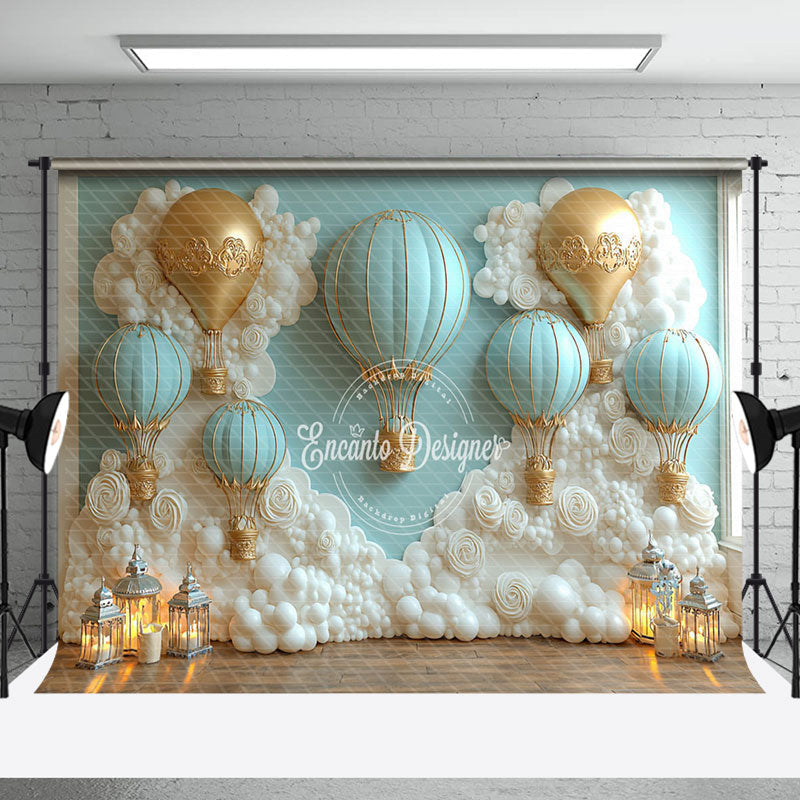 Aperturee - Aperturee White Floral Hot Air Balloon Cake Smash Backdrop