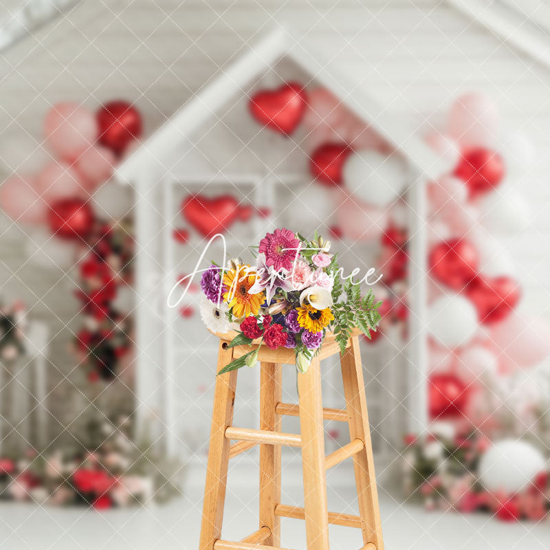 Aperturee - Aperturee White Floral House Romantic Balloons Photo Backdrop
