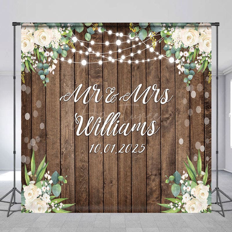 Aperturee - Aperturee White Floral Wooden Bokeh Custom Name Wedding Backdrop