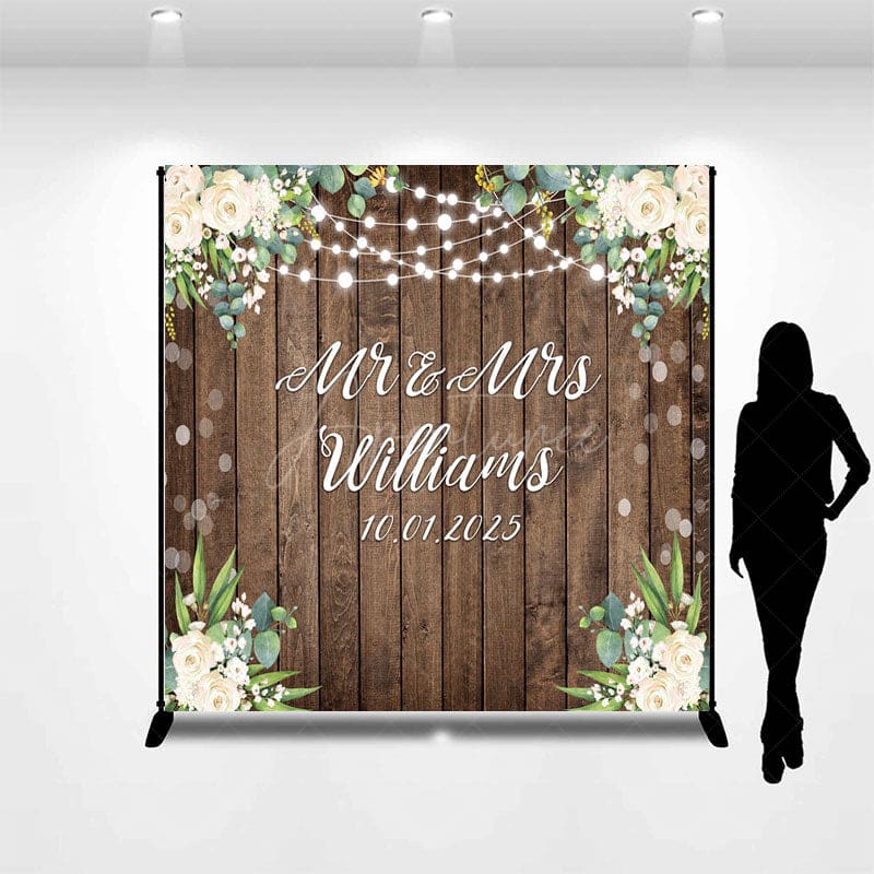 Aperturee - Aperturee White Floral Wooden Bokeh Custom Name Wedding Backdrop
