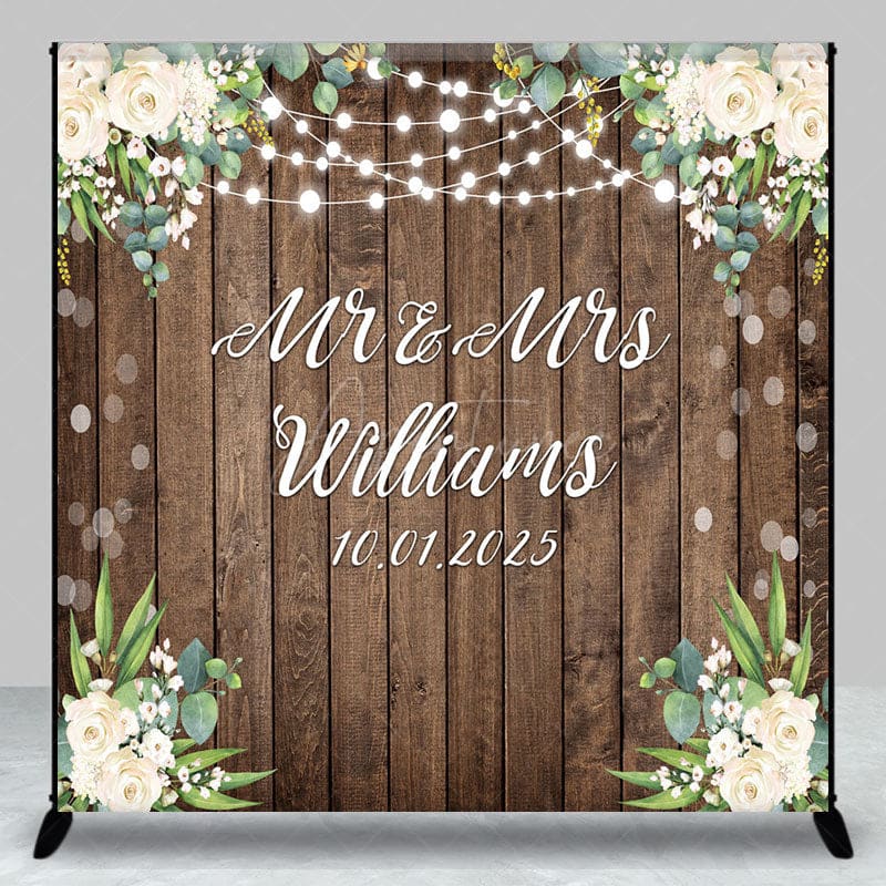 Aperturee - Aperturee White Floral Wooden Bokeh Custom Name Wedding Backdrop
