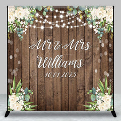 Aperturee - Aperturee White Floral Wooden Bokeh Custom Name Wedding Backdrop
