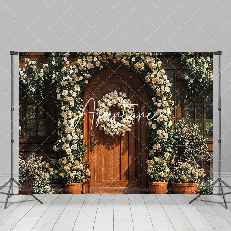 Aperturee - Aperturee White Floral Wreath Brown Wood Door Wedding Backdrop