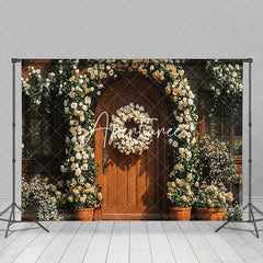 Aperturee - Aperturee White Floral Wreath Brown Wood Door Wedding Backdrop