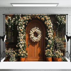 Aperturee - Aperturee White Floral Wreath Brown Wood Door Wedding Backdrop