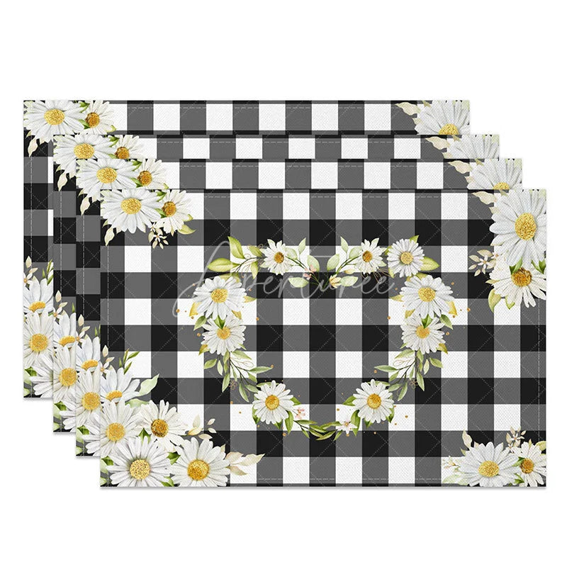 Aperturee - Aperturee White Floral Wreath on Black Plaid Set of 4 Placemats for Modern Farmhouse and Country Kitchen Dining