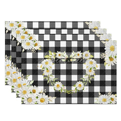 Aperturee - Aperturee White Floral Wreath on Black Plaid Set of 4 Placemats for Modern Farmhouse and Country Kitchen Dining