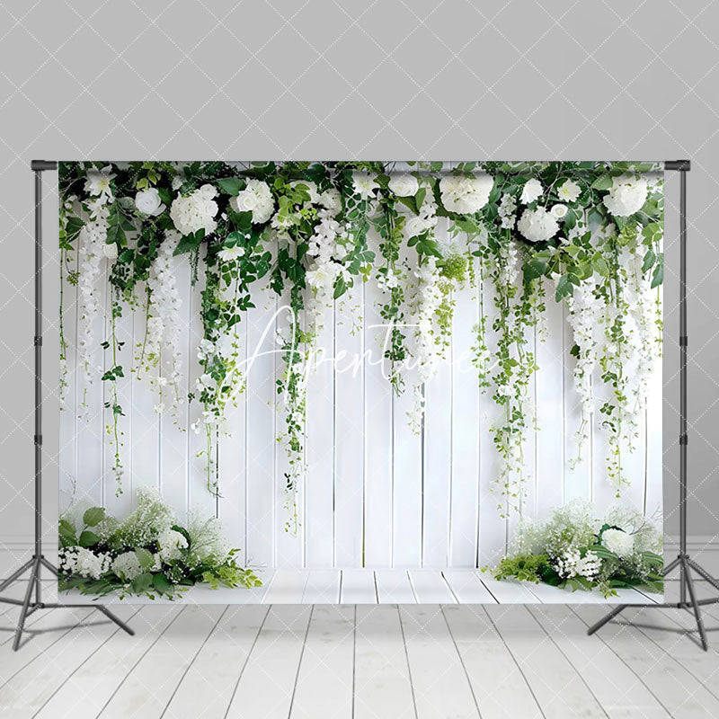 Aperturee - Aperturee White Flower Green Plant Decorative Wall Backdrop
