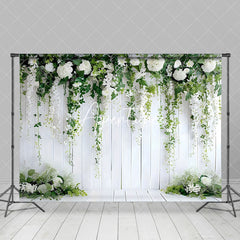 Aperturee - Aperturee White Flower Green Plant Decorative Wall Backdrop