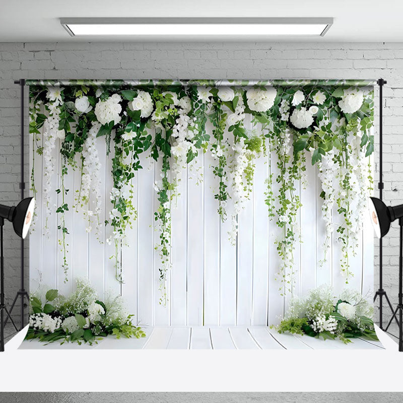 Aperturee - Aperturee White Flower Green Plant Decorative Wall Backdrop