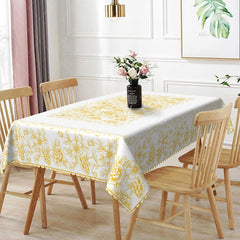 Aperturee - Aperturee White Gold Floral Rectangle Tablecloth Elegant Damask Flower Dining Table Cover for Wedding