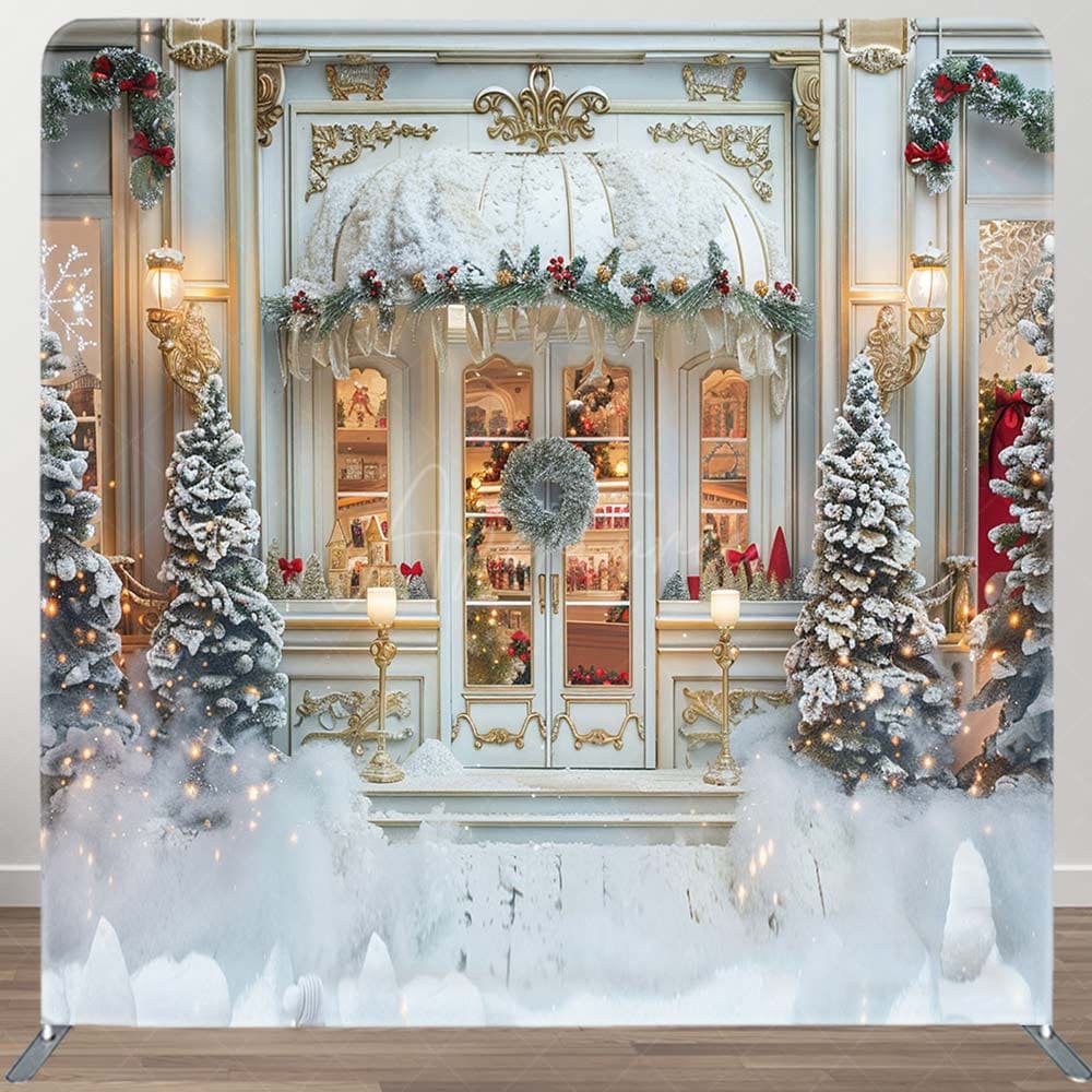 Aperturee - Aperturee White Gold Store Christmas Tension Fabric Backdrop