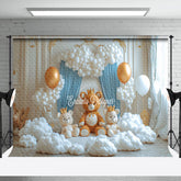 Aperturee - Aperturee White Golden Wall Bear Cloud Cake Smash Backdrop