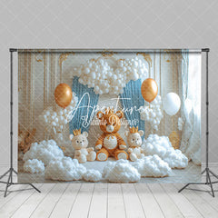 Aperturee - Aperturee White Golden Wall Bear Cloud Cake Smash Backdrop
