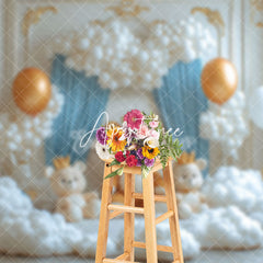 Aperturee - Aperturee White Golden Wall Bear Cloud Cake Smash Backdrop
