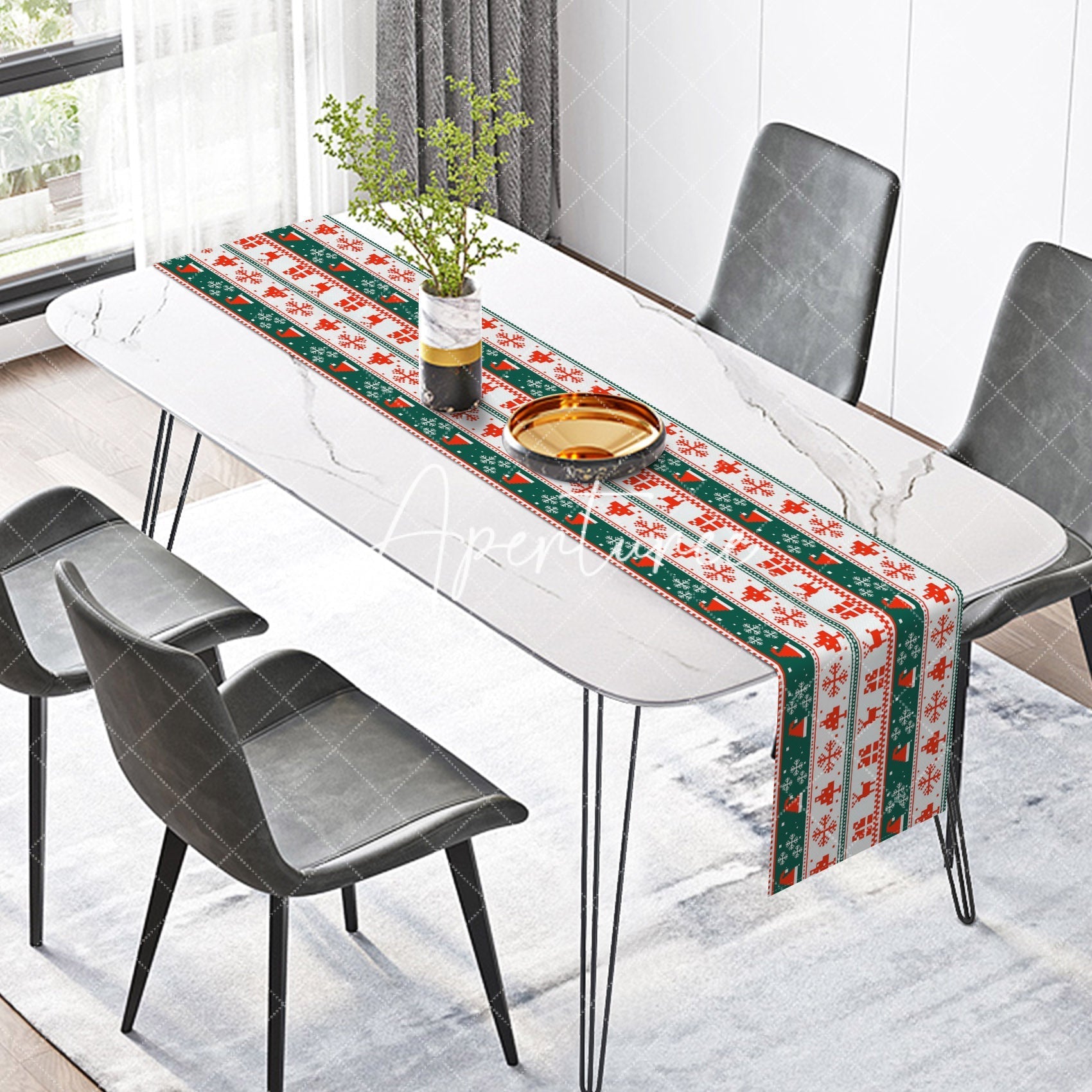 Aperturee - Aperturee White Green Ugly Christmas Sweater Stripe Table Runner