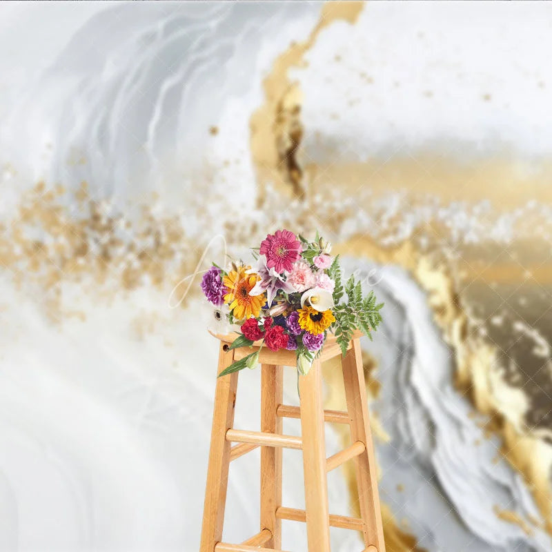 Aperturee - Aperturee White Grey and Gold Glitter Abstract Photography Backdrop Elegant Fluid Marble Design