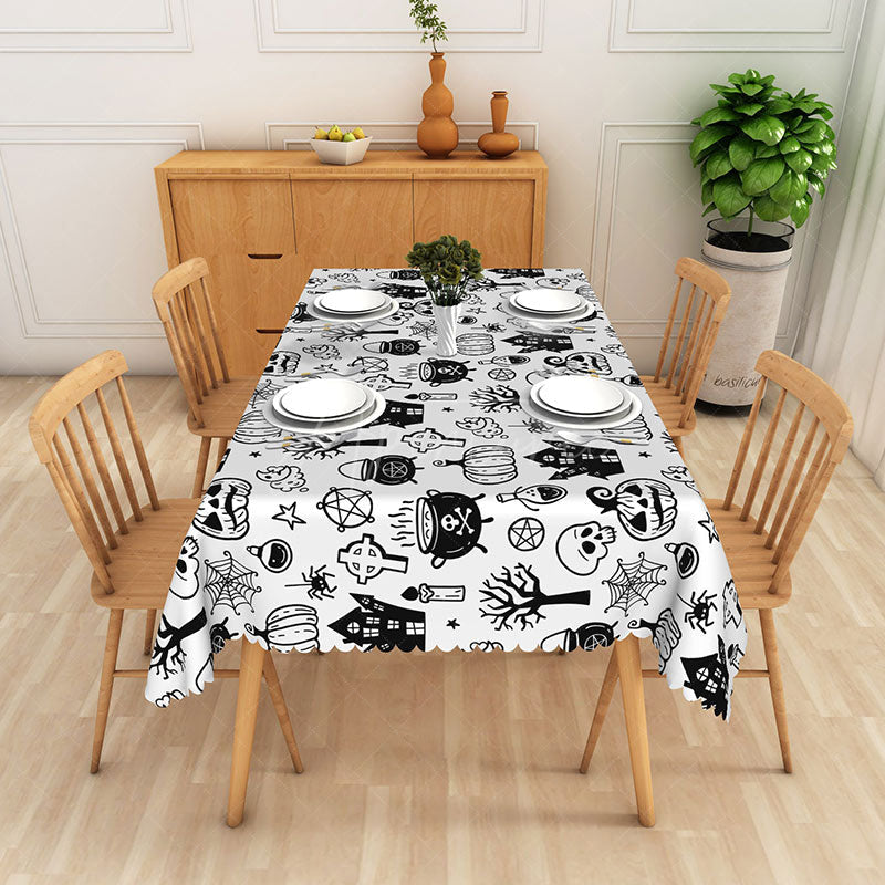 Aperturee - Aperturee White Halloween Rectangle Tablecloth with Bats and Spider Webs for Modern and Spooky Party Decorations