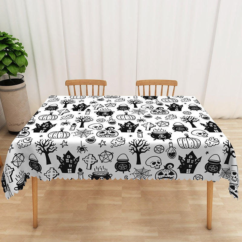 Aperturee - Aperturee White Halloween Rectangle Tablecloth with Bats and Spider Webs for Modern and Spooky Party Decorations