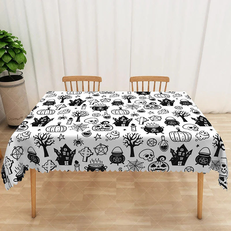 Aperturee - Aperturee White Halloween Rectangle Tablecloth with Bats and Spider Webs for Modern and Spooky Party Decorations
