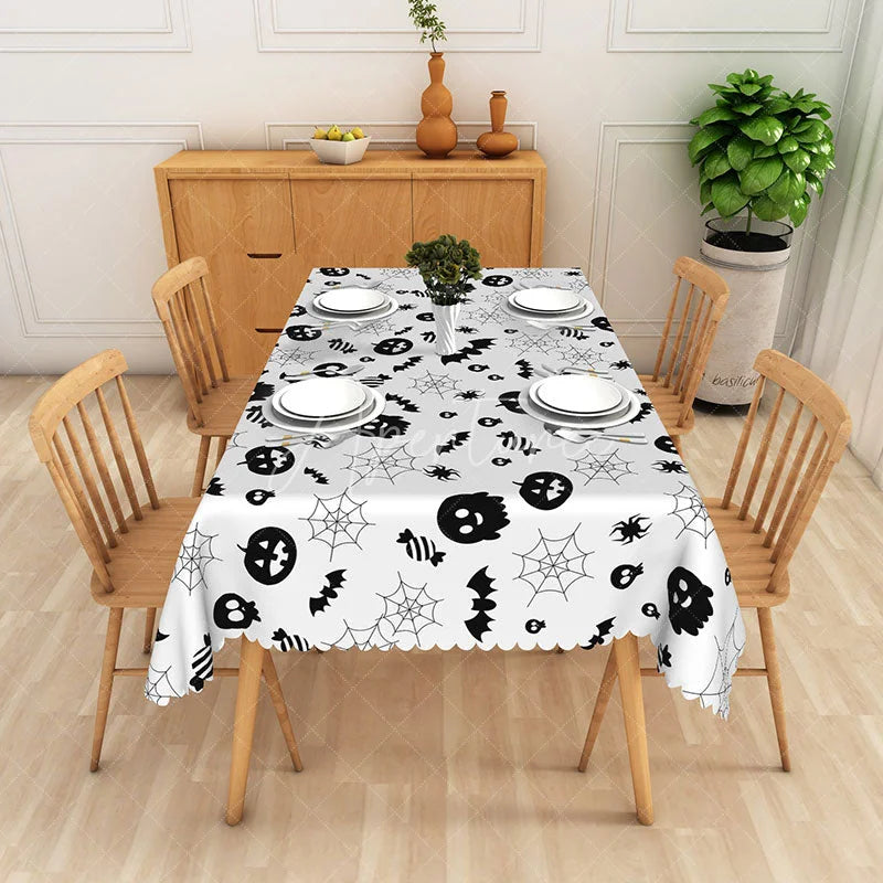 Aperturee - Aperturee White Halloween Rectangle Tablecloth with Jack O’ Lanterns and Spider Webs for Spooky Holiday Party Decor