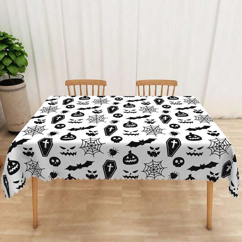 Aperturee - Aperturee White Halloween Rectangle Tablecloth with Skulls Bats and Ghosts for Modern Spooky Party Decor