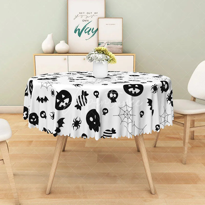 Aperturee - Aperturee White Halloween Round Tablecloth with Jack-o’-Lanterns and Spiderwebs for Spooky Party Decor