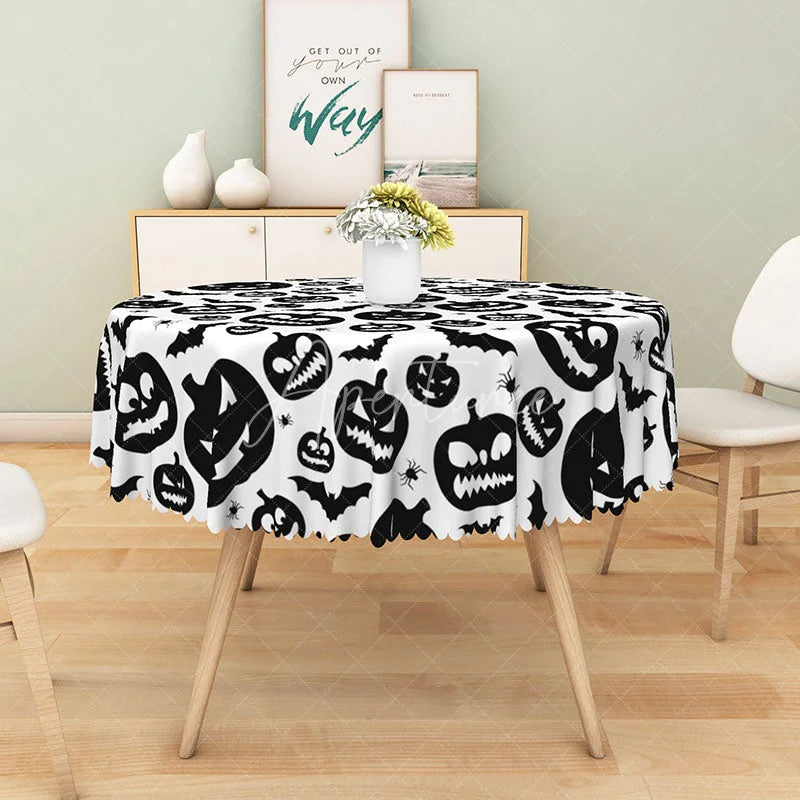 Aperturee - Aperturee White Halloween Round Tablecloth with Jack-o’-Lanterns Bats and Spiders for Spooky Party Decor