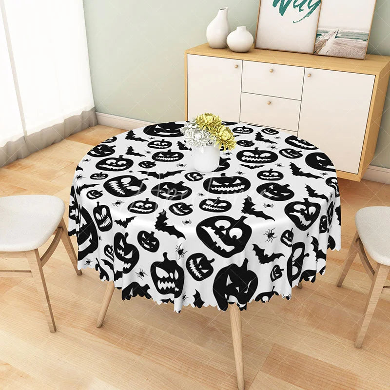 Aperturee - Aperturee White Halloween Round Tablecloth with Jack-o’-Lanterns Bats and Spiders for Spooky Party Decor