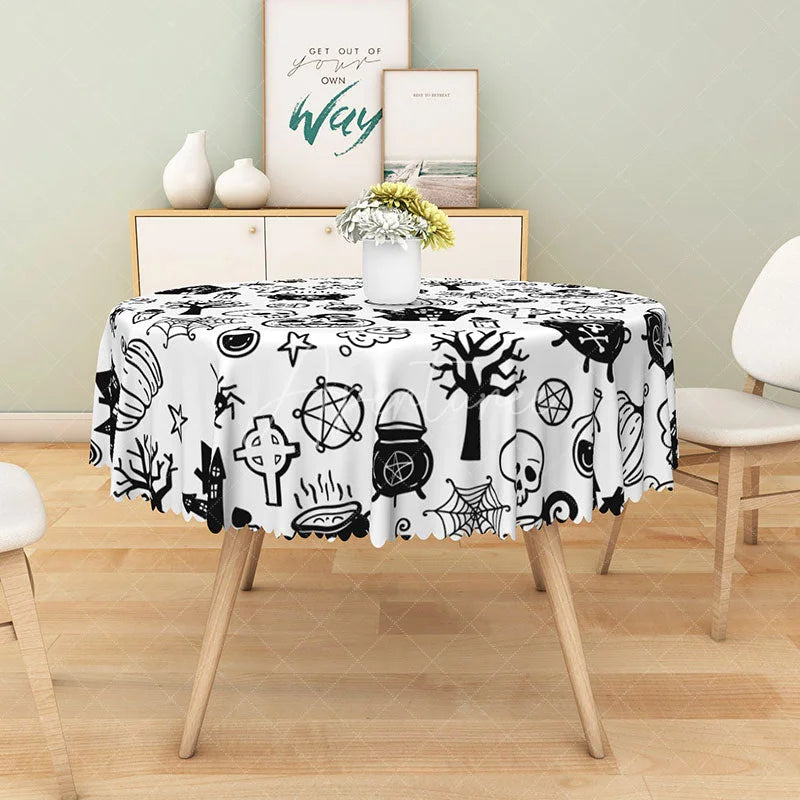 Aperturee - Aperturee White Halloween Round Tablecloth with Jack-o’-Lanterns Skeletons and Spiders for Spooky Decor