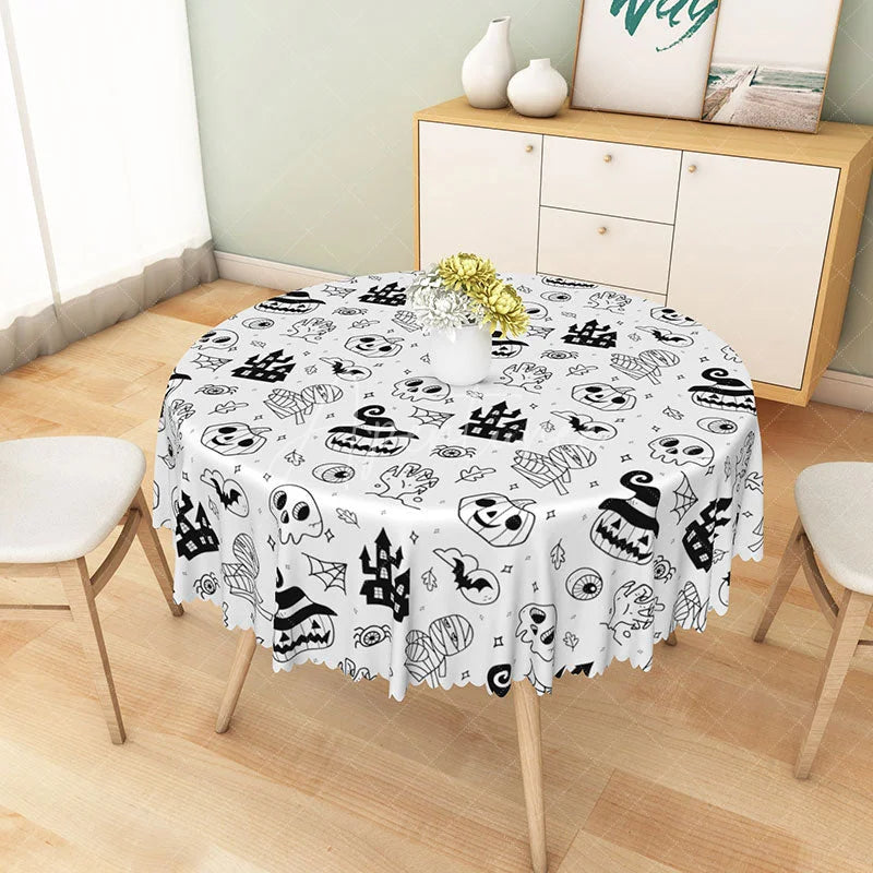 Aperturee - Aperturee White Halloween Round Tablecloth with Jack-o’-Lanterns Skulls and Haunted Castle for Spooky Decor