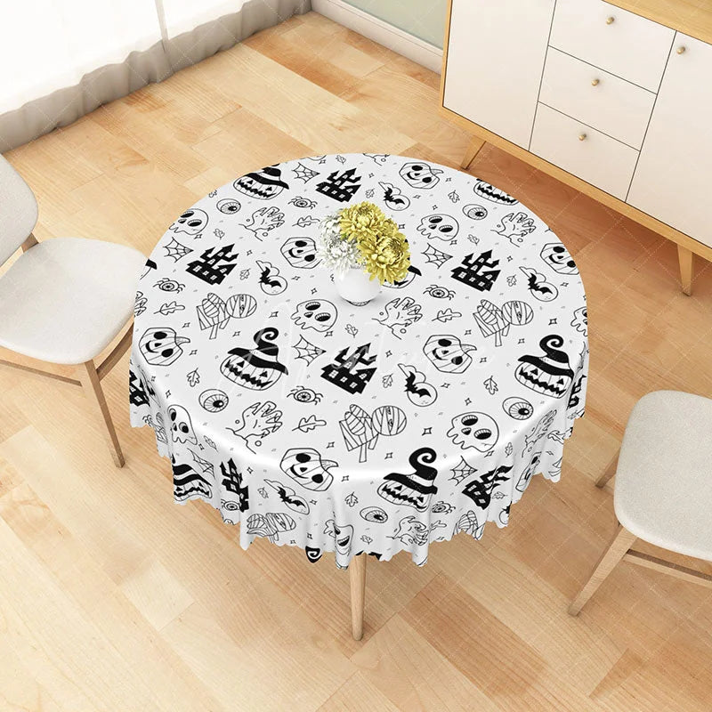 Aperturee - Aperturee White Halloween Round Tablecloth with Jack-o’-Lanterns Skulls and Haunted Castle for Spooky Decor