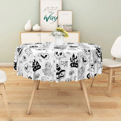 Aperturee - Aperturee White Halloween Round Tablecloth with Jack-o’-Lanterns Skulls and Haunted Castle for Spooky Decor