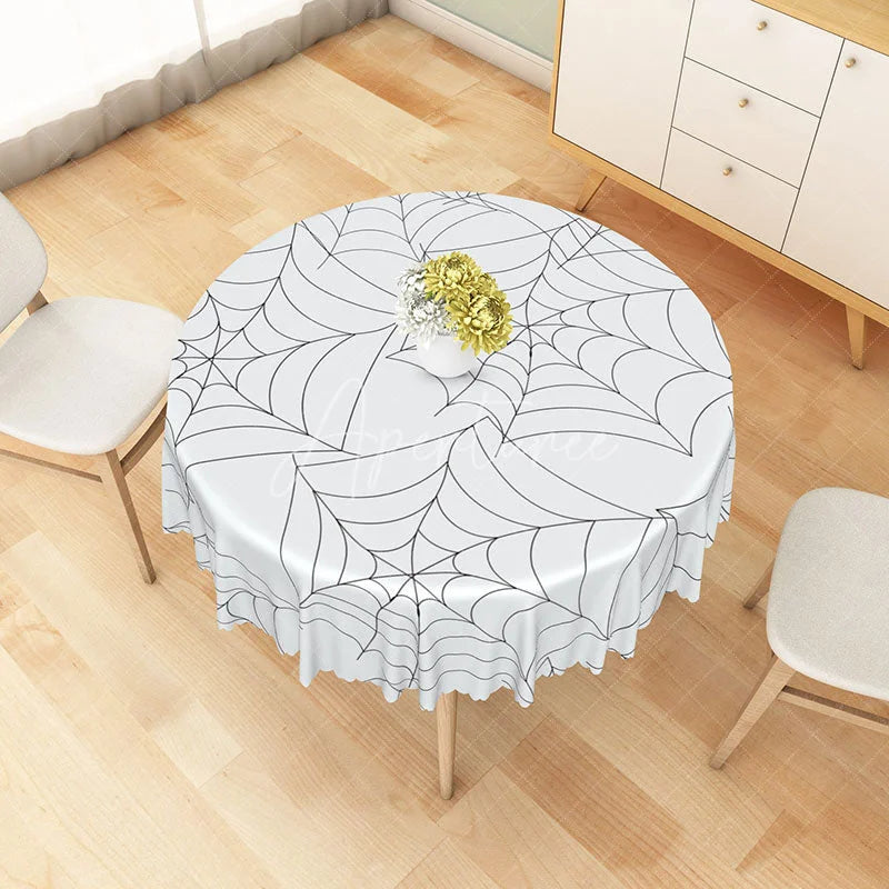 Aperturee - Aperturee White Halloween Round Tablecloth with Spider Web Pattern for Modern and Minimalist Spooky Decor