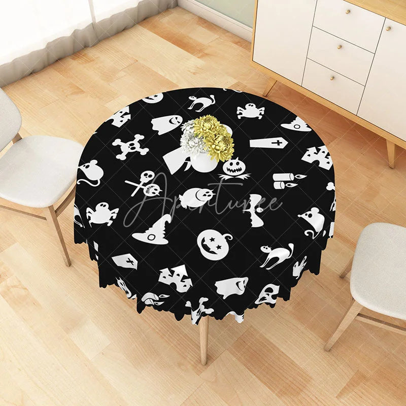 Aperturee - Aperturee White Halloween Round Tablecloth with Witch Hat Jack-O’-Lantern and Spiders for Spooky Decor