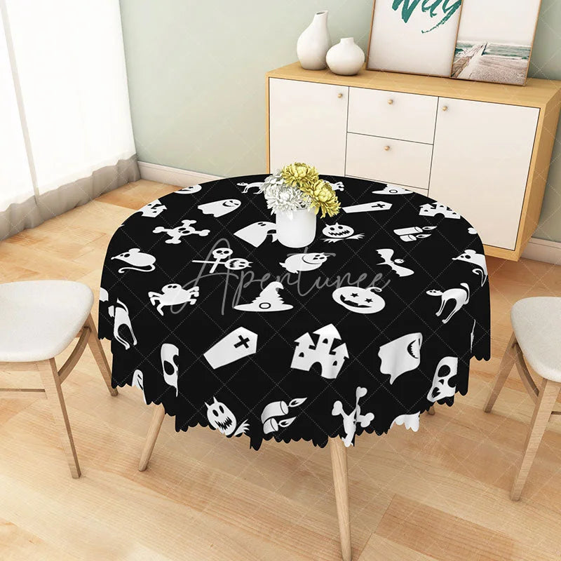 Aperturee - Aperturee White Halloween Round Tablecloth with Witch Hat Jack-O’-Lantern and Spiders for Spooky Decor