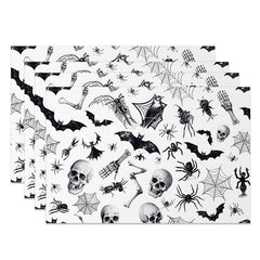 Aperturee - Aperturee White Halloween Set of 4 Placemats with Bats Spiders and Skeletons for Modern Spooky Decor