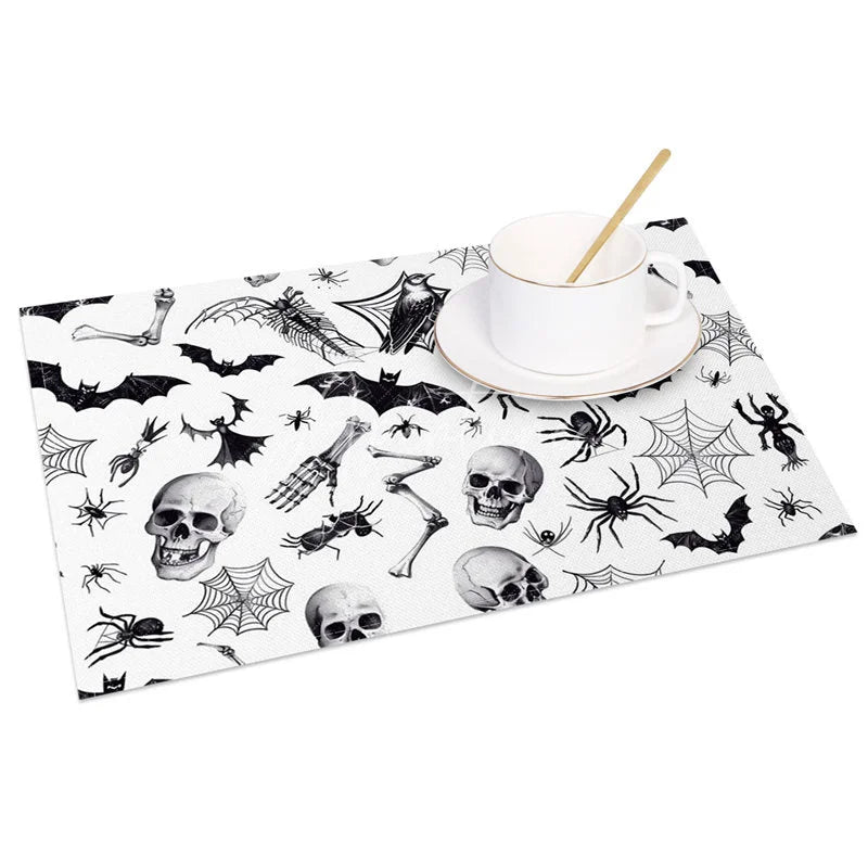 Aperturee - Aperturee White Halloween Set of 4 Placemats with Bats Spiders and Skeletons for Modern Spooky Decor