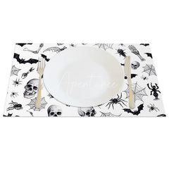 Aperturee - Aperturee White Halloween Set of 4 Placemats with Bats Spiders and Skeletons for Modern Spooky Decor
