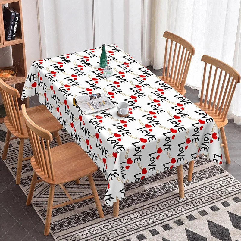 Aperturee - Aperturee White Handwritten Love Text Rectangle Tablecloth Cute Heart and Wing Doodle Simple Valentine Party Decor