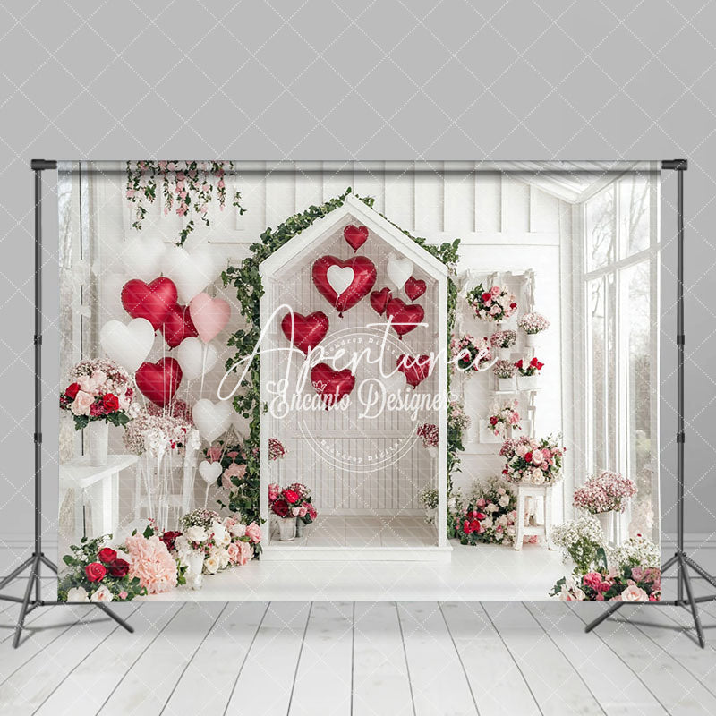 Aperturee - Aperturee White House Balloons Floral Valentines Day Backdrop