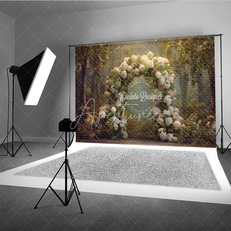 Aperturee - Aperturee White Hydrangea Wedding Arch Backdrop Round Floral Arch Photo Prop Enchanted Garden Bridal Shower Decor