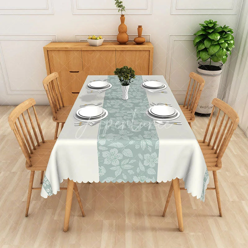 Aperturee - Aperturee White Light Blue Floral Center Pattern Rectangle Tablecloth Elegant Spring Kitchen Decor Washable Dining Table Cover