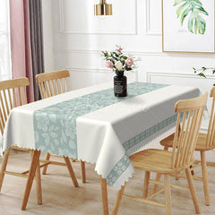 Aperturee - Aperturee White Light Blue Floral Center Pattern Rectangle Tablecloth Elegant Spring Kitchen Decor Washable Dining Table Cover