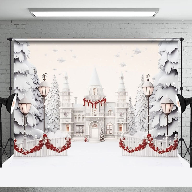 Aperturee - Aperturee White Luxury Castle Trees Snowy Christmas Backdrop