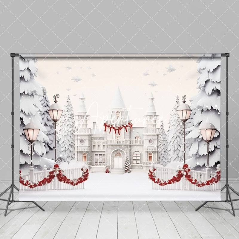 Aperturee - Aperturee White Luxury Castle Trees Snowy Christmas Backdrop